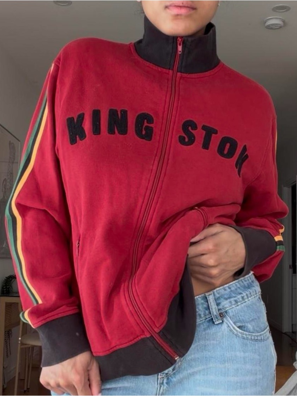 Red Kingston Zip-Up Jacket with Stripe Sleeves